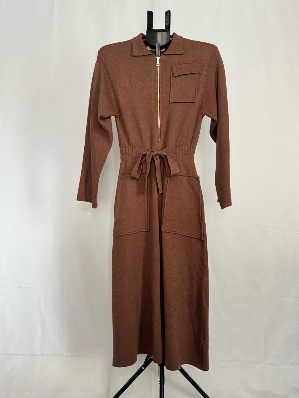 Zara Chocolate Brown Long Sleeve Zip-Front Tie-Waist Midi Dress